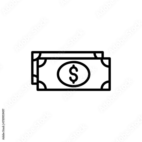 Two paper currency bills stacked with a dollar sign in the center in a simple outline style drawing