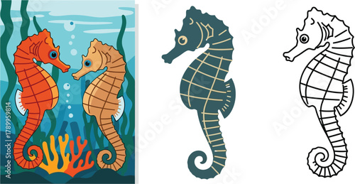 Cute seahorse family swimming in ocean with coral reef, colorful design