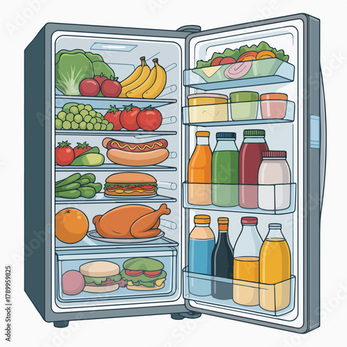 Fresh food and fruit set in a healthy kitchen fridge illustration vector
