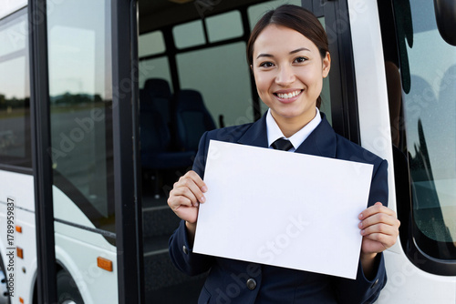 Smiling female bus driver or tour guide in uniform, holding a blank white sign for a mockup. This represents transportation services, schedules, or travel messages