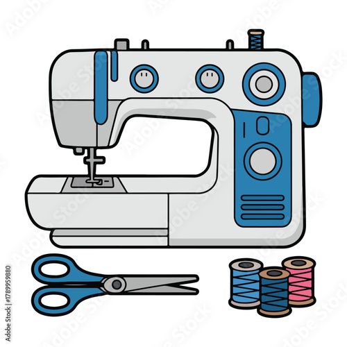 Sewing machine with needle, thread, and fabric on white background for craft and fashion textile work