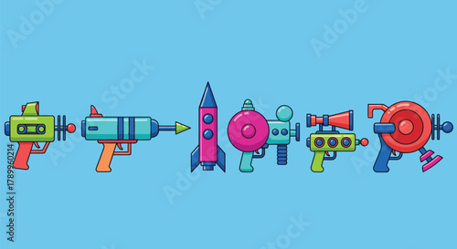 Colorful ray guns with rocket ship on blue background for space theme