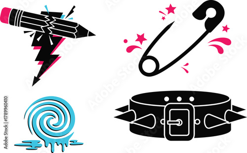 Edgy punk rock icons safety pin broken pencil spiked collar lollipop