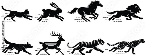 Dynamic animal silhouettes running fast for logo or design projects