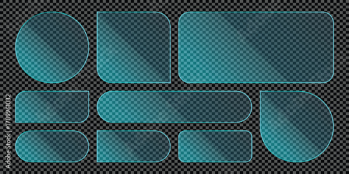 Modern glass effect UI elements: various transparent shapes with blue frames, perfect for modern web or app design.
