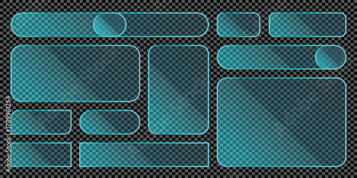 Collection of modern transparent glass effect UI elements with glowing cyan borders for web and app design.