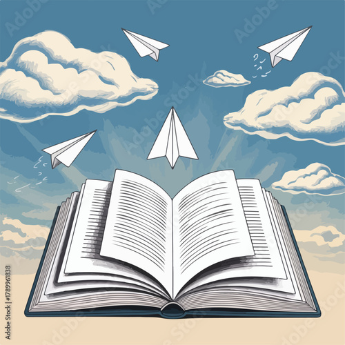 Open book on sky with clouds, representing knowledge, learning, and education