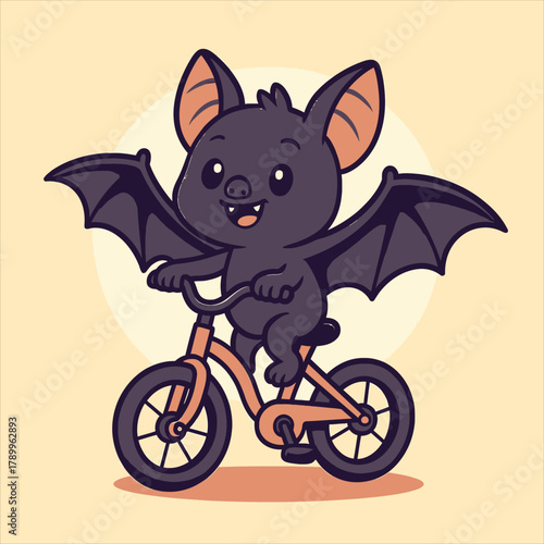 Cute Bat Riding a Bicycle Flat Vector Logo Illustration for Kids and Halloween Theme