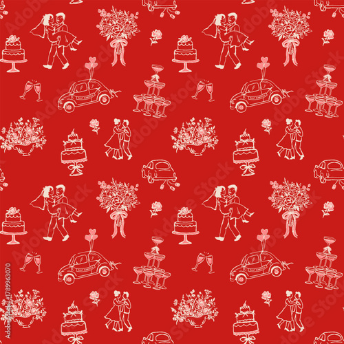 Vector seamless wedding pattern with bride and groom, cake, bouquet and romantic elements. Hand-drawn black and white illustration.