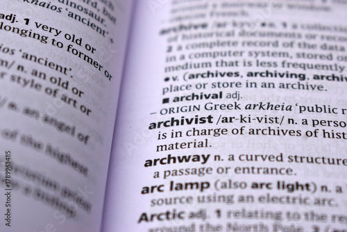 English Dictionary Page Close Up With the Word Of -archivist