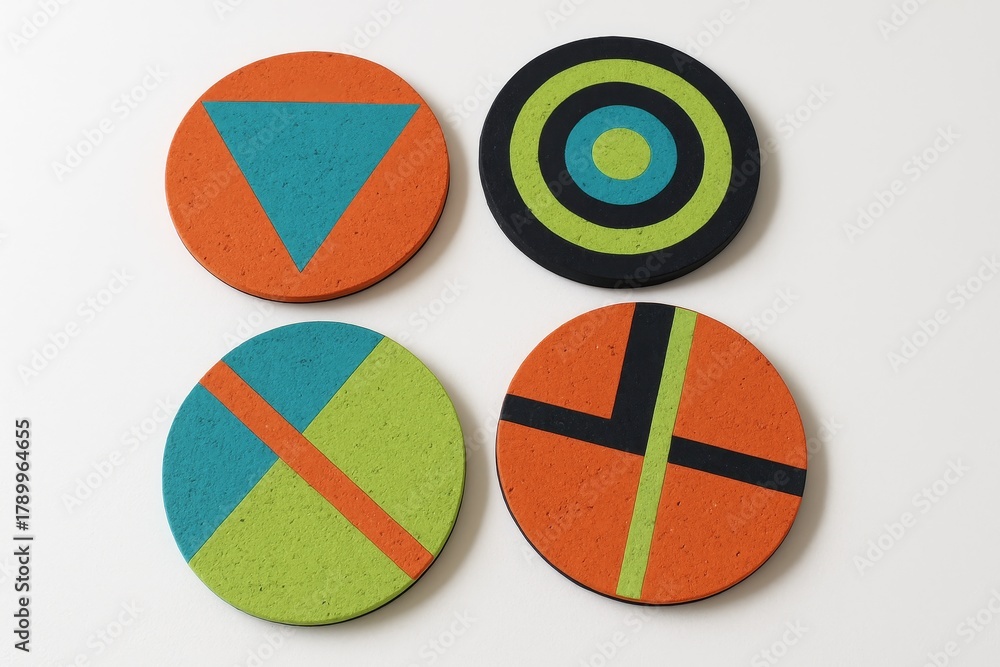 Fototapeta premium Set of four round colorful coasters with abstract geometric patterns on white background, modern home decor elements.
