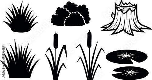Vector black silhouettes of grass bushes cattails tree stump and water lilies nature elements design illustration