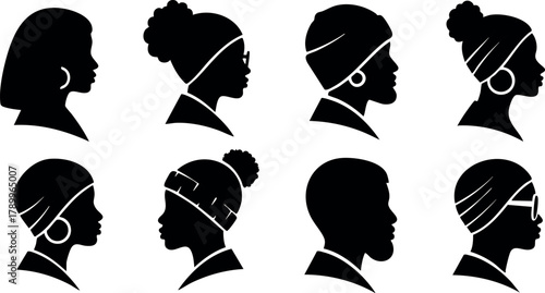 Silhouettes of diverse African American men and women in profile with headwraps and earrings vector collection