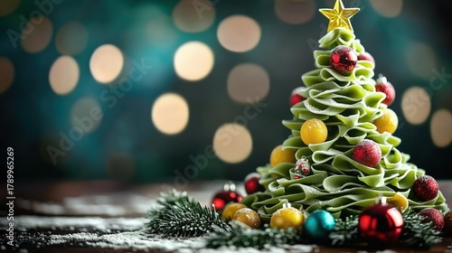 Fototapeta Naklejka Na Ścianę i Meble -  Artisanal 3D Christmas Tree Dessert with Colorful Baubles & Snowy Bokeh – Professional Holiday Food Photography for Bakery Marketing, E-commerce Festive Sales & Seasonal Branding