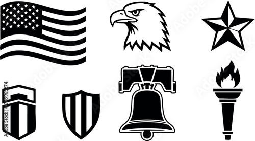 American flag eagle star liberty bell torch shield patriotic symbols vector collection illustration