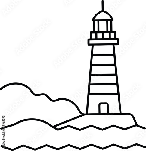 Lighthouse on Coastal Cliff Minimal Line Art Vector Illustration Isolated on White Background