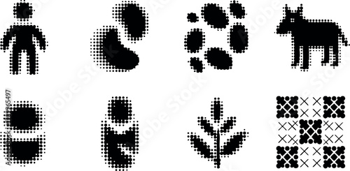 Halftone style human kidney cell paw dog plant and abstract pixel icons set vector design