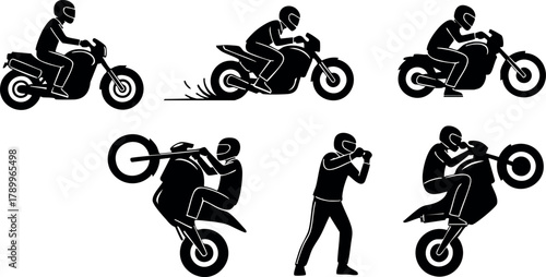 Motorcycle rider performing stunt tricks and riding fast on bike vector silhouette designs