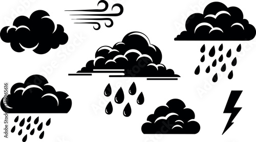 Weather icons set with rain clouds, wind symbol, and lightning bolt in black silhouette vector style