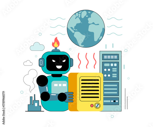 AI robot with a heater warms the planet against the backdrop of a data center and a factory. A humorous concept of intelligent machines destroying humanity through global warming.