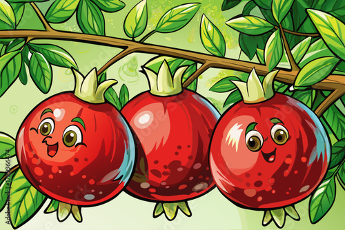 Large red pomegranates hanging on green branch with sunlight and natural texture