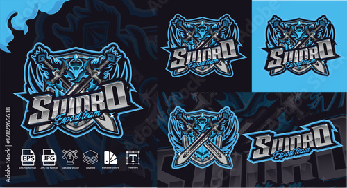 Epic sword mascot logo design for e-sports teams. futuristic bold swords typography shield emblem template in blue & silver crossed swords with flames, metallic style.