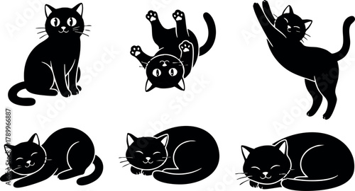 Black cat silhouettes in various playful and sleeping poses vector illustration for pet and animal design elements