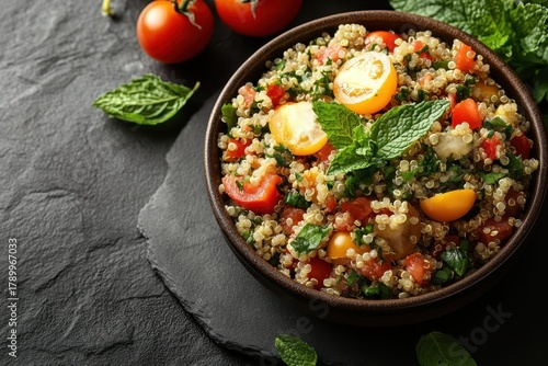 Eating for mental health Plant-based meat Wheat straw plates Omad Protein Heura foods NotCo Fresh N Lean Inspired Go Carnivore diet Petty well Colorful quinoa tabbouleh with tomatoes and mint, placed