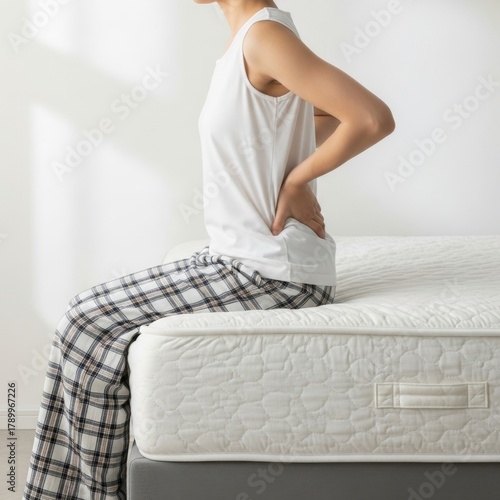 Woman experiencing lower back pain while sitting on the edge of her bed.