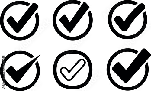 Checkmark icons set with circular shapes for approval confirmation and verification vector collection