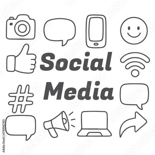 Hand Drawn Social Media Icons and Symbols Set.