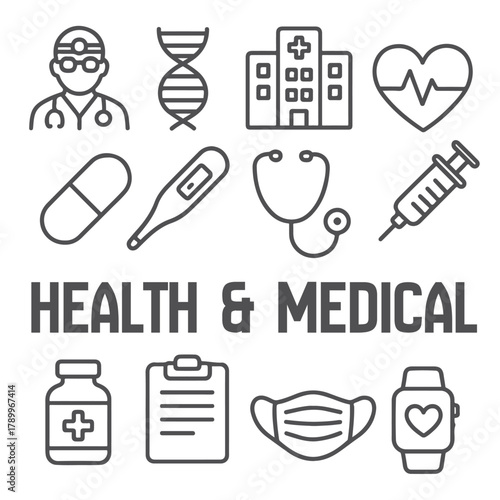 Health and Medical Icons Set with Doctor Hospital and Medical Supplies.