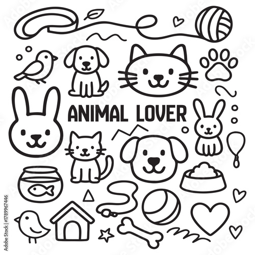 Cute Animal Lover Doodle Collection with Pets and Accessories.