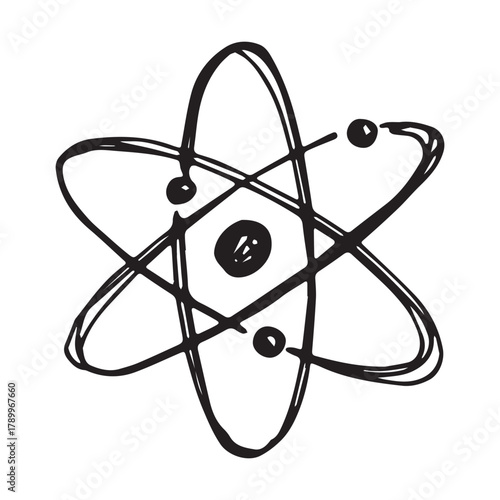 Hand drawn atom sign Molecule clipart in doodle style Single element for print, web, design, decor Symbol of science, education, nuclear energy, scientific research, molecular chemistry