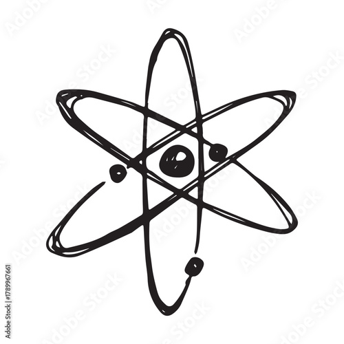 Hand drawn atom sign Molecule clipart in doodle style Single element for print, web, design, decor Symbol of science, education, nuclear energy, scientific research, molecular chemistry
