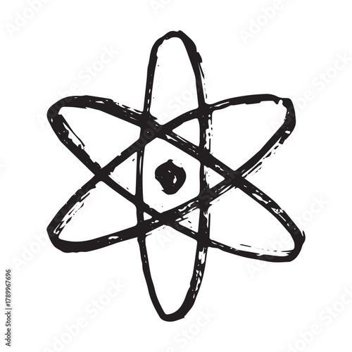 Hand drawn atom sign Molecule clipart in doodle style Single element for print, web, design, decor Symbol of science, education, nuclear energy, scientific research, molecular chemistry