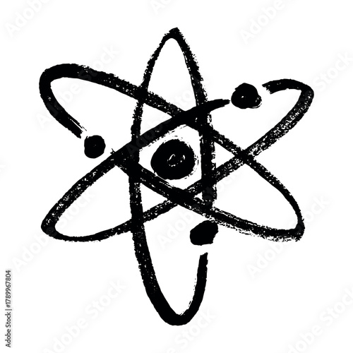 Hand drawn atom sign Molecule clipart in doodle style Single element for print, web, design, decor Symbol of science, education, nuclear energy, scientific research, molecular chemistry