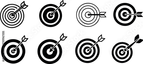 Target icons with arrows hitting bullseye in black and white vector design elements for success and precision symbols