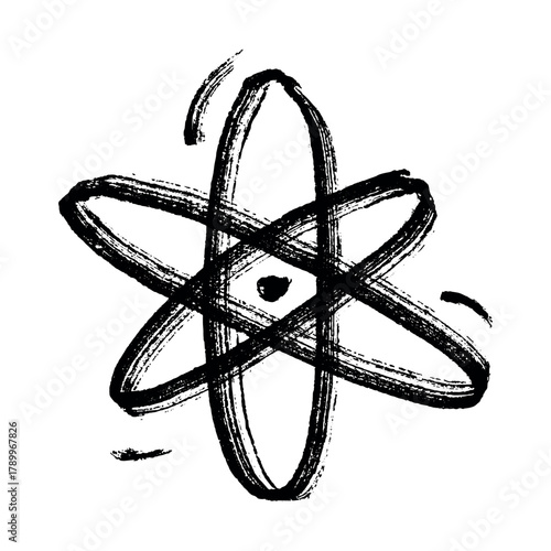 Hand drawn atom sign Molecule clipart in doodle style Single element for print, web, design, decor Symbol of science, education, nuclear energy, scientific research, molecular chemistry