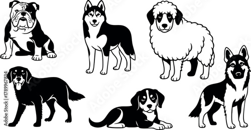 Six different dog breeds black and white vector illustration with bulldog husky sheepdog and shepherd
