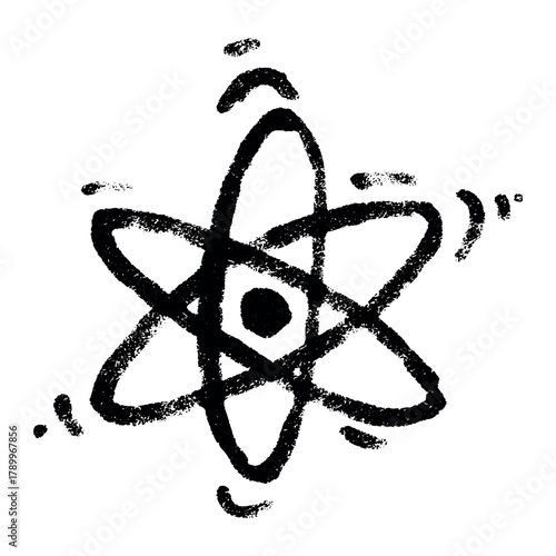 Hand drawn atom sign Molecule clipart in doodle style Single element for print, web, design, decor Symbol of science, education, nuclear energy, scientific research, molecular chemistry