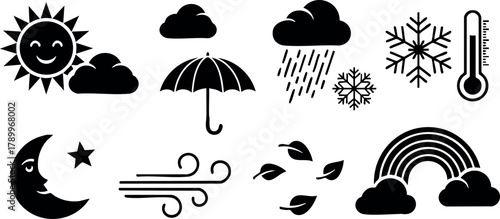 Weather icons set with sun, moon, clouds, rain, snowflakes, umbrella, wind, leaves, and rainbow vector collection