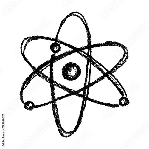 Hand drawn atom sign Molecule clipart in doodle style Single element for print, web, design, decor Symbol of science, education, nuclear energy, scientific research, molecular chemistry