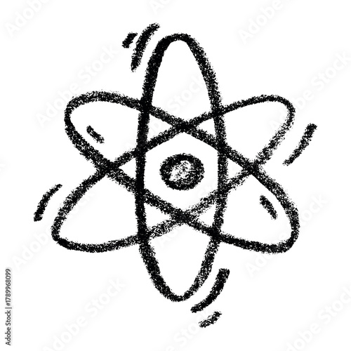 Hand drawn atom sign Molecule clipart in doodle style Single element for print, web, design, decor Symbol of science, education, nuclear energy, scientific research, molecular chemistry