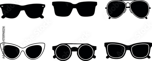 Sunglasses collection with various styles including aviator, cat eye, and wayfarer black frames vector illustration