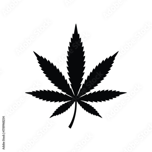 Black silhouette of a cannabis leaf on white background