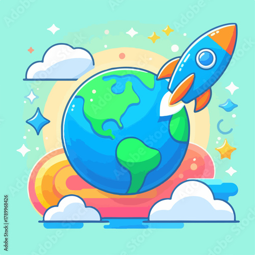 Illustration of a rocket orbiting the earth