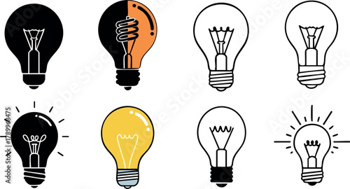 Light bulb icon set with dark, yellow, and outline styles showing electric energy concept vector illustration