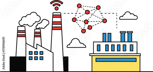 Modern smart factory connecting with wireless network illustration