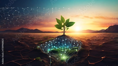 Digital growth emerging from technology and nature at sunset